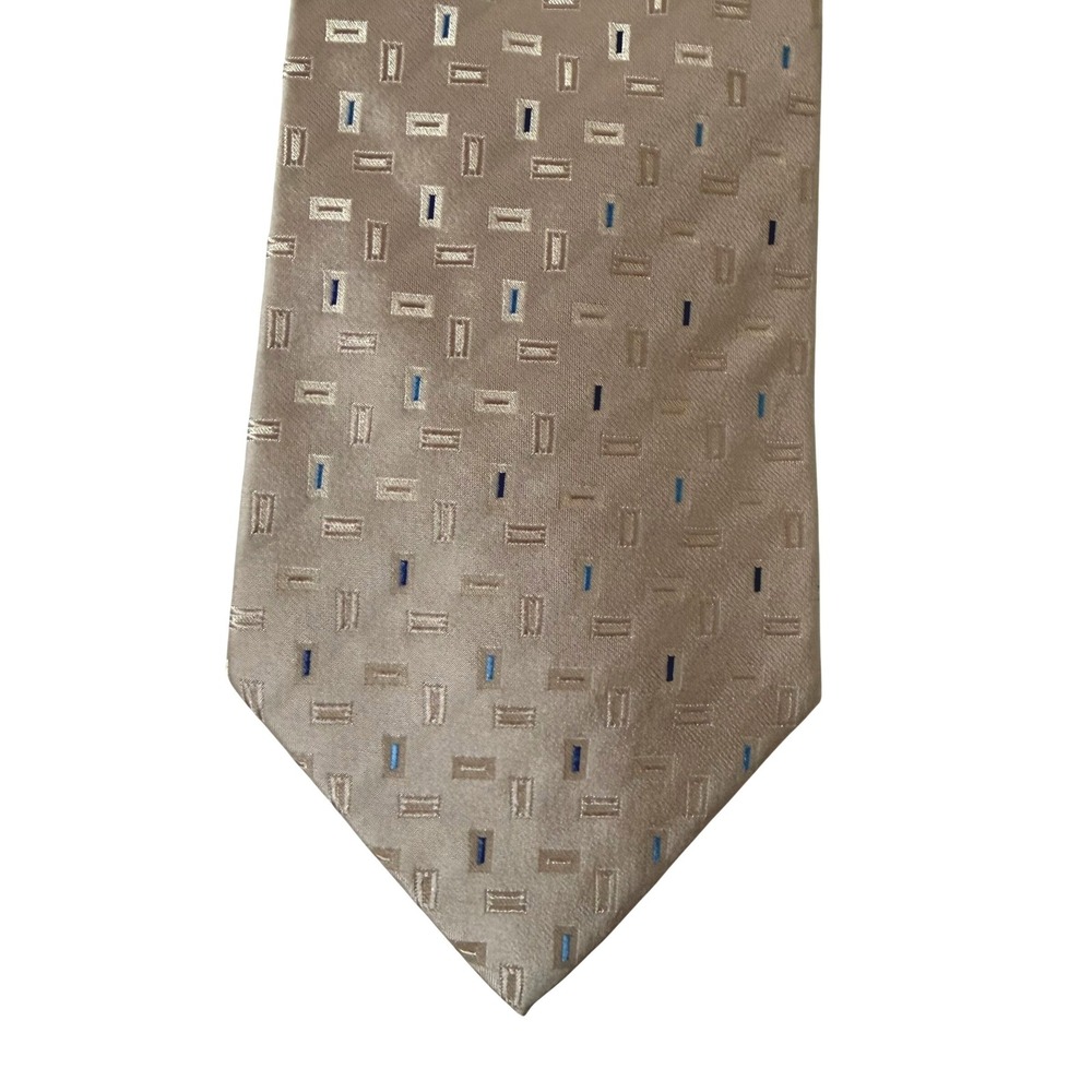 Gianfranco Ruffini Italy Mens Tan Blue 100% Silk Tie Geometric Pattern Classic